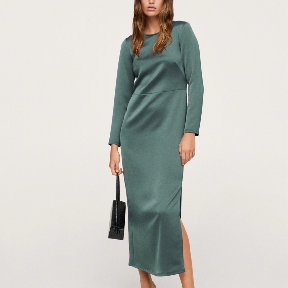 NEW w/tags MANGO Side Slit Long Sleeve Green Satin Dress XS